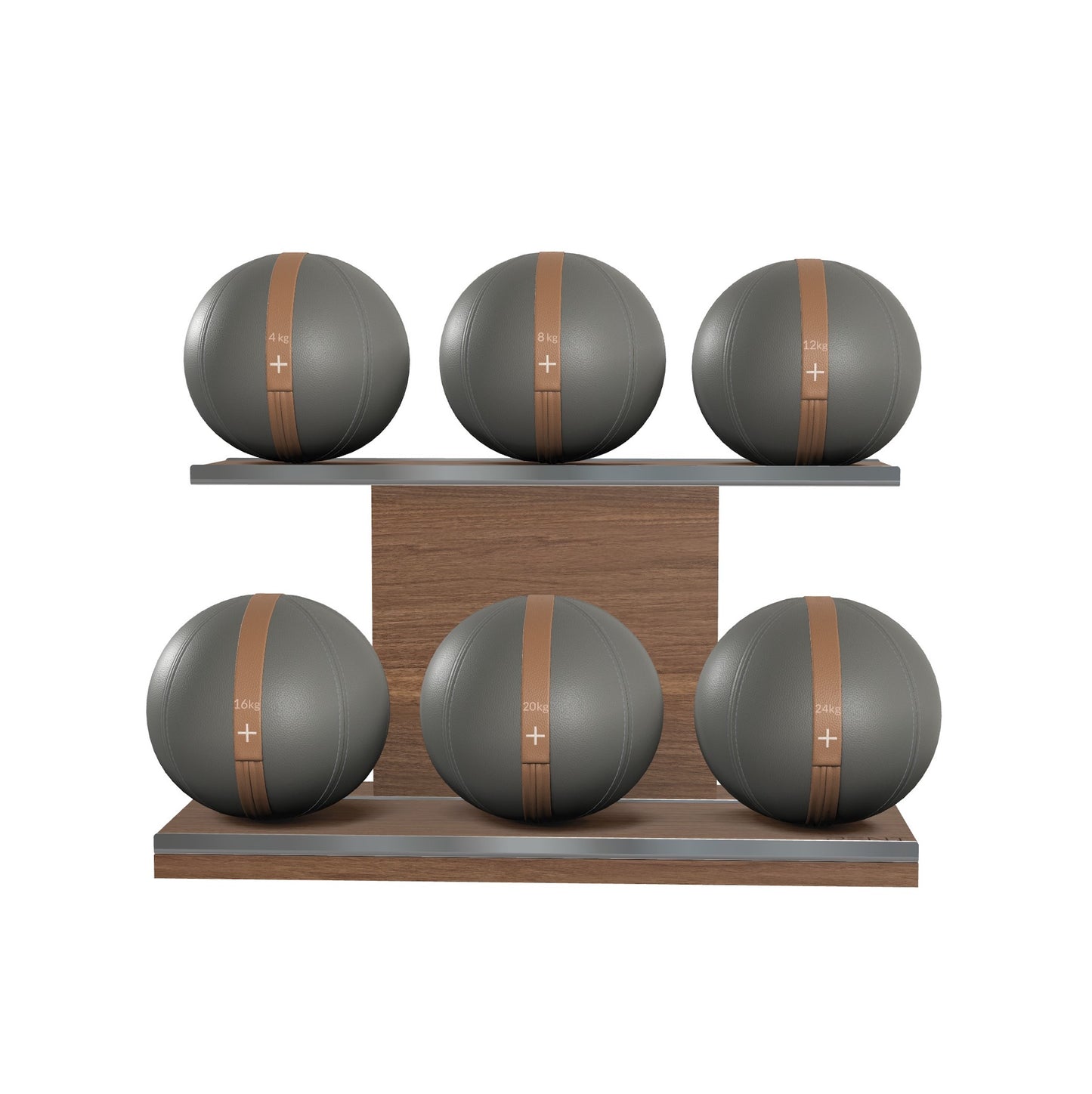 Six grey leather medicine balls with brown accent leather, arranged on two shelves made of natural walnut wood. PENT. MOXA Set Ultimate - Set of 6 Medicine Balls on Horizontal Wooden Stand