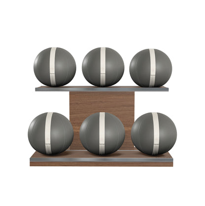 Six grey leather medicine balls with white accent leather, arranged on two shelves made of natural walnut wood. PENT. MOXA Set Ultimate - Set of 6 Medicine Balls on Horizontal Wooden Stand