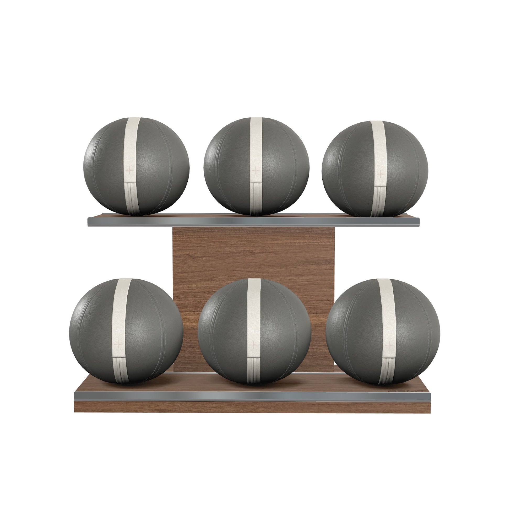 Six grey leather medicine balls with white accent leather, arranged on two shelves made of natural walnut wood. PENT. MOXA Set Ultimate - Set of 6 Medicine Balls on Horizontal Wooden Stand