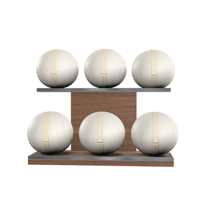 Six white leather medicine balls with beige accent leather, arranged on two shelves made of natural walnut wood. PENT. MOXA Set Ultimate - Set of 6 Medicine Balls on Horizontal Wooden Stand