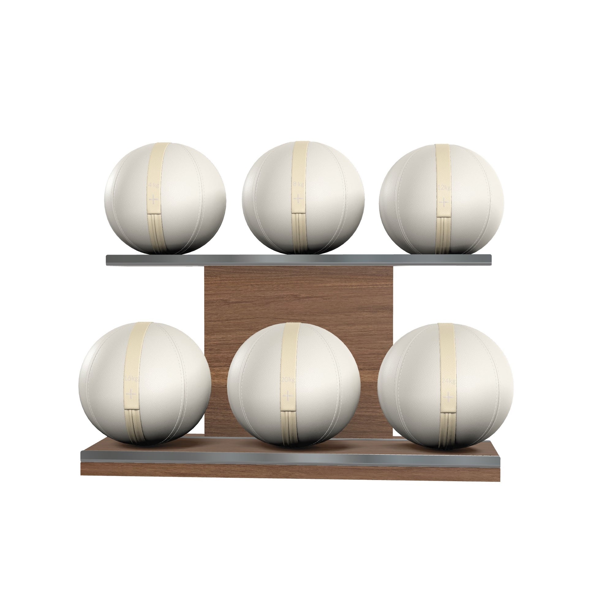 Six white leather medicine balls with beige accent leather, arranged on two shelves made of natural walnut wood. PENT. MOXA Set Ultimate - Set of 6 Medicine Balls on Horizontal Wooden Stand