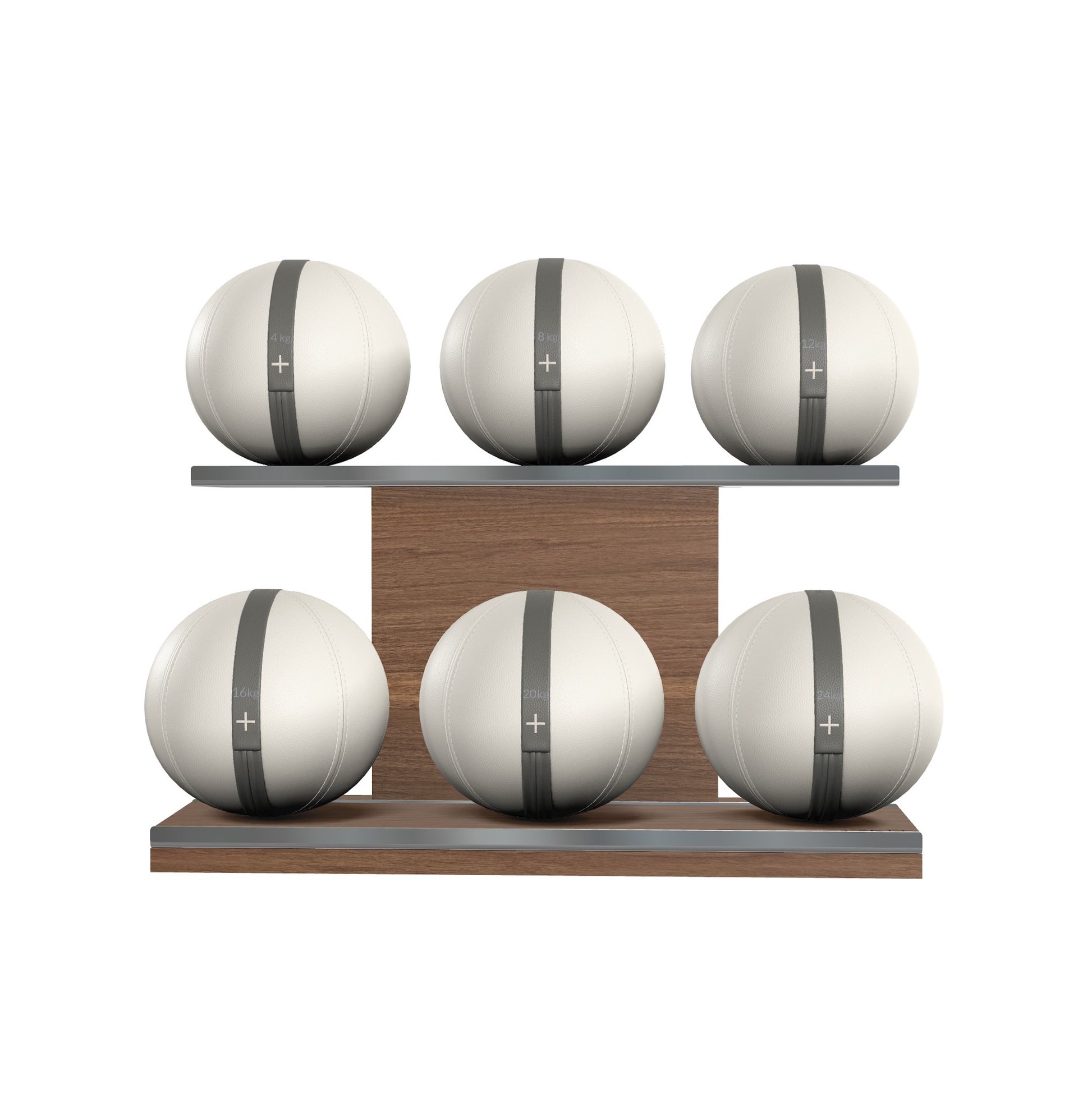 Six white leather medicine balls with grey accent leather, arranged on two shelves made of natural walnut wood. PENT. MOXA Set Ultimate - Set of 6 Medicine Balls on Horizontal Wooden Stand