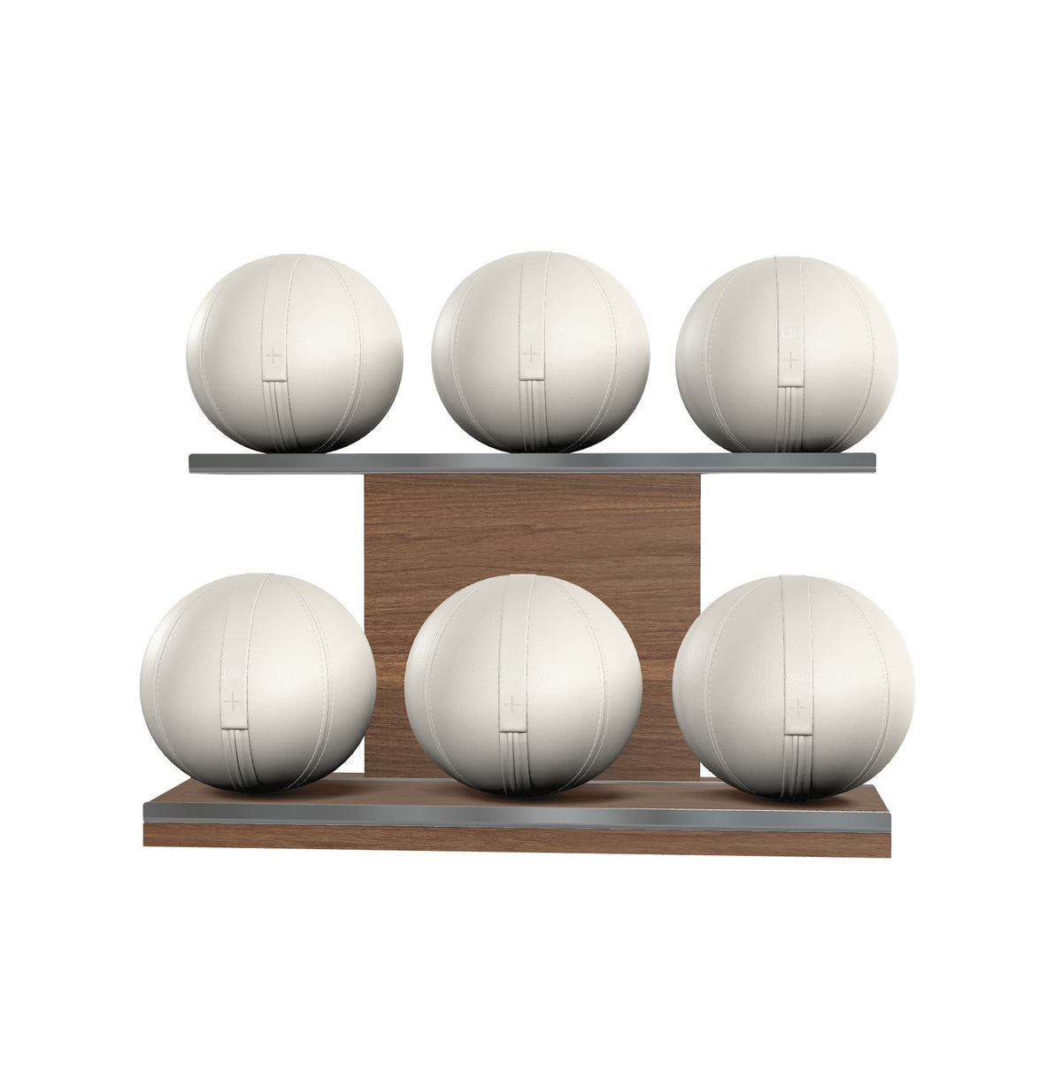 Six white leather medicine balls with white accent leather, arranged on two shelves made of natural walnut wood. PENT. MOXA Set Ultimate - Set of 6 Medicine Balls on Horizontal Wooden Stand