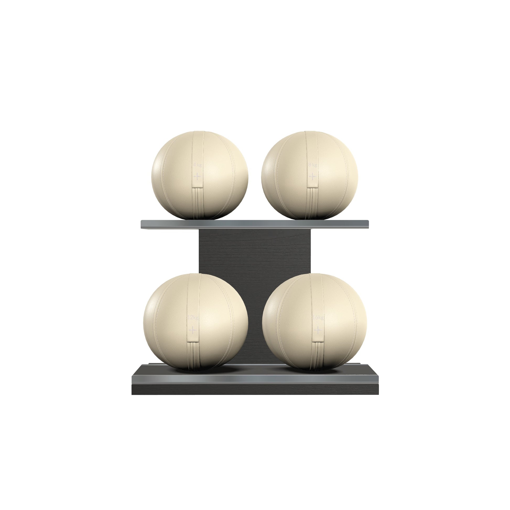 Four beige leather medicine balls with beige accent leather, arranged on two shelves made of black ash wood. PENT. MOXA Power - Set of 4 Medicine Balls on Horizontal Wooden Stand