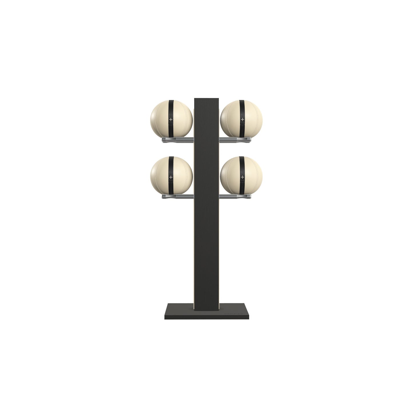 Luxury fitness equipment,  4 leather medicine ball on vertical wooden stand, handcrafted with premium Italian beige leather and natural black ash wood. PENT. MOXA Set