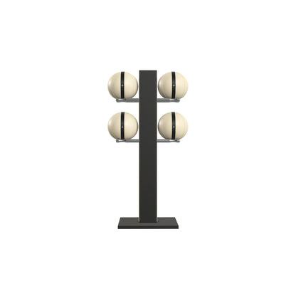 Luxury fitness equipment,  4 leather medicine ball on vertical wooden stand, handcrafted with premium Italian beige leather and natural black ash wood. PENT. MOXA Set