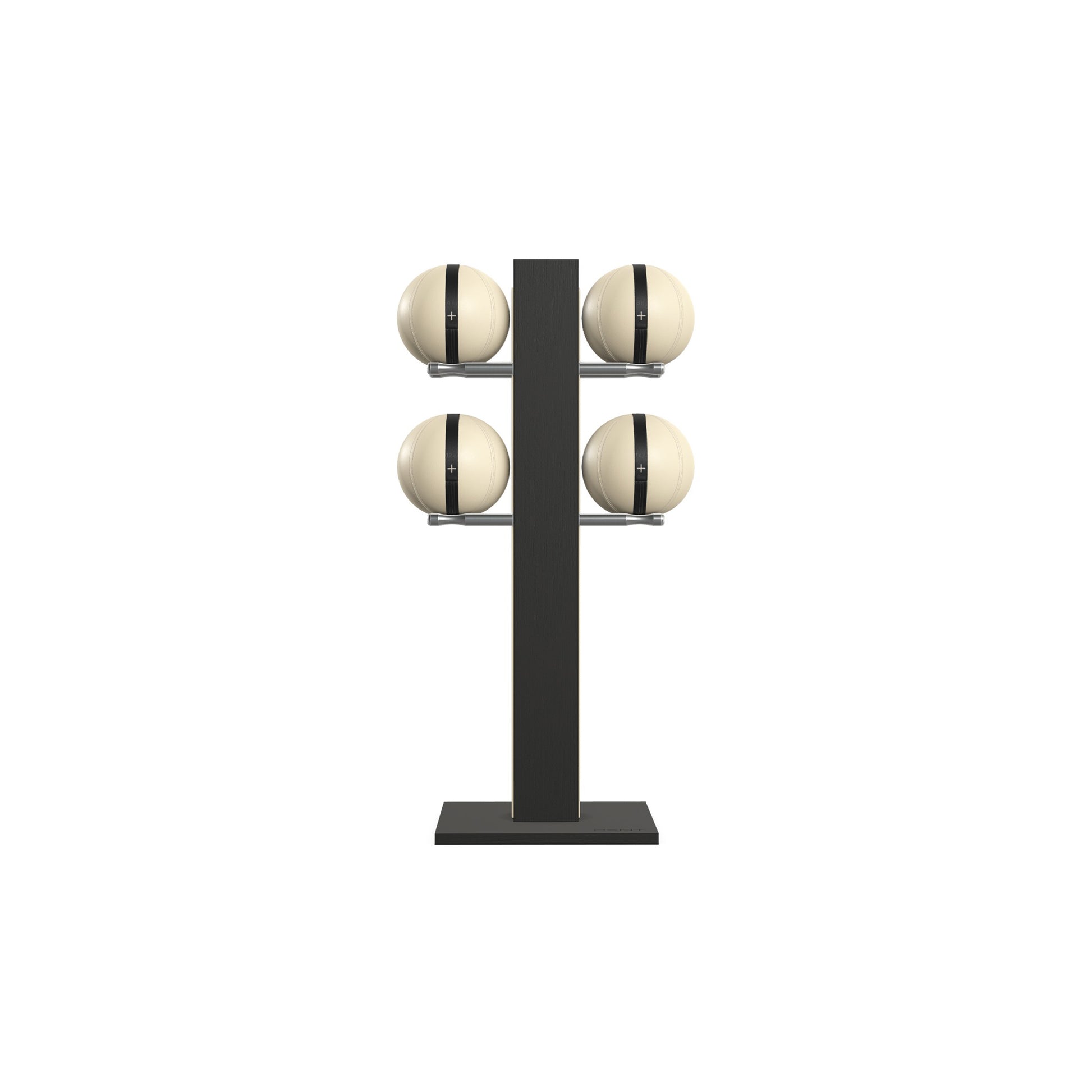 Luxury fitness equipment,  4 leather medicine ball on vertical wooden stand, handcrafted with premium Italian beige leather and natural black ash wood. PENT. MOXA Set