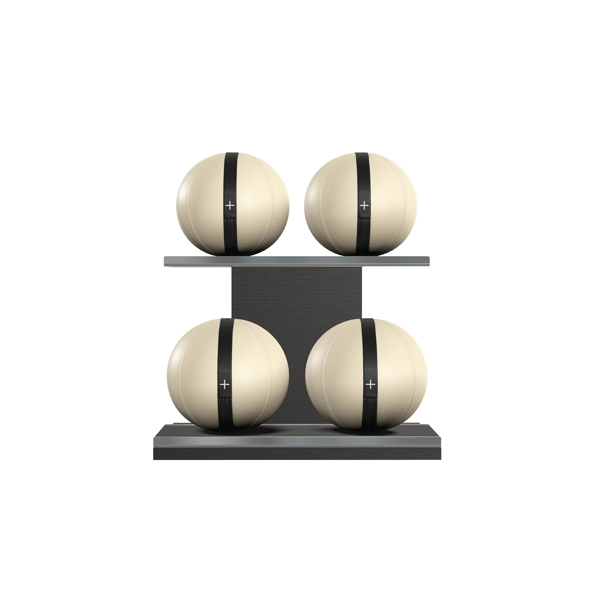 Four beige leather medicine balls with black accent leather, arranged on two shelves made of black ash wood. PENT. MOXA Power - Set of 4 Medicine Balls on Horizontal Wooden Stand