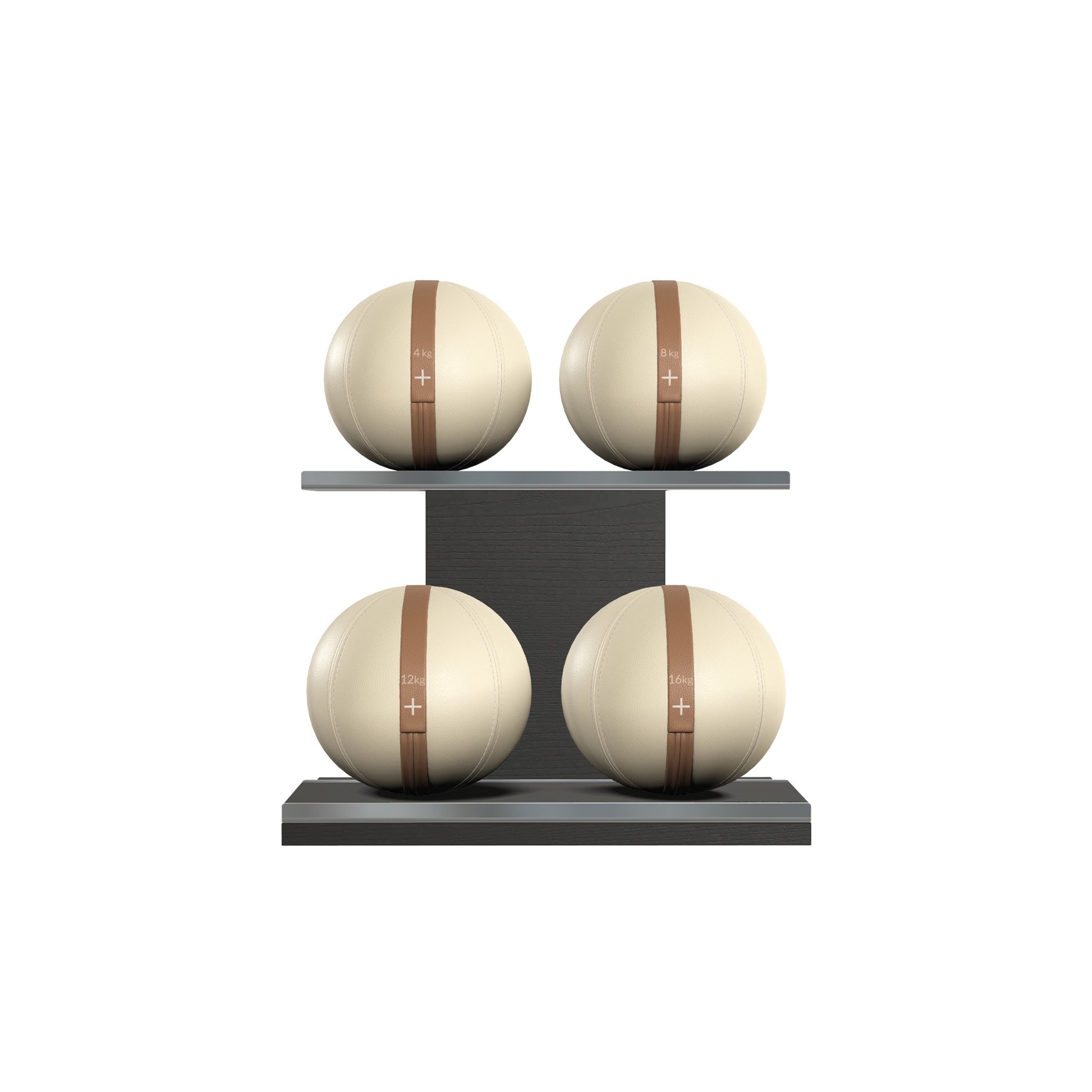 Four beige leather medicine balls with brown accent leather, arranged on two shelves made of black ash wood. PENT. MOXA Power - Set of 4 Medicine Balls on Horizontal Wooden Stand