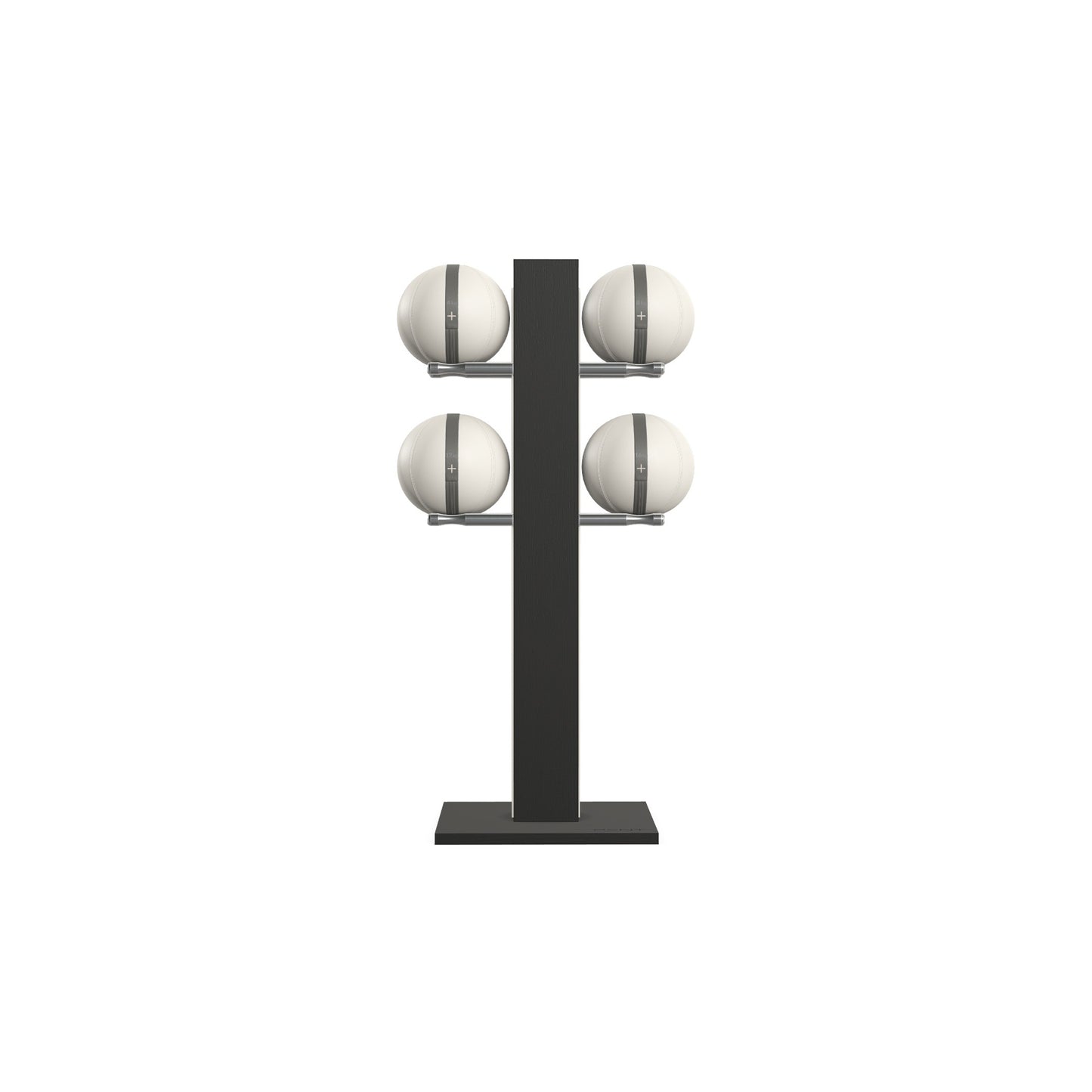 Luxury fitness equipment,  4 leather medicine ball on vertical wooden stand, handcrafted with premium Italian white leather and natural black ash wood. PENT. MOXA Set