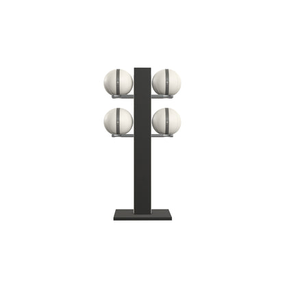 Luxury fitness equipment,  4 leather medicine ball on vertical wooden stand, handcrafted with premium Italian white leather and natural black ash wood. PENT. MOXA Set