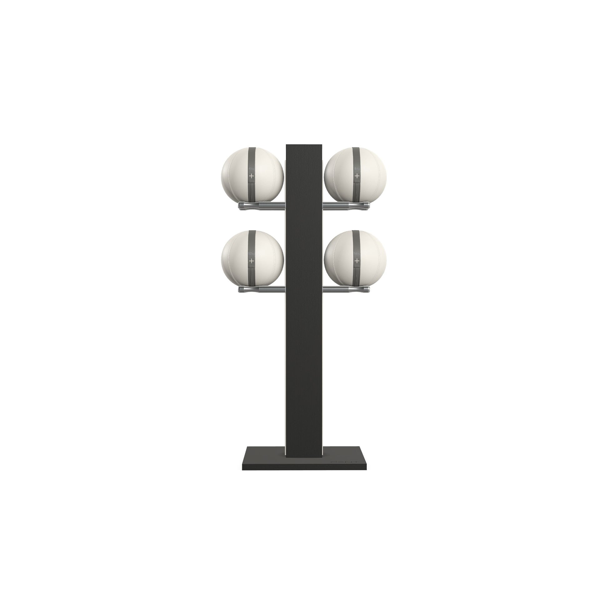 Luxury fitness equipment,  4 leather medicine ball on vertical wooden stand, handcrafted with premium Italian white leather and natural black ash wood. PENT. MOXA Set