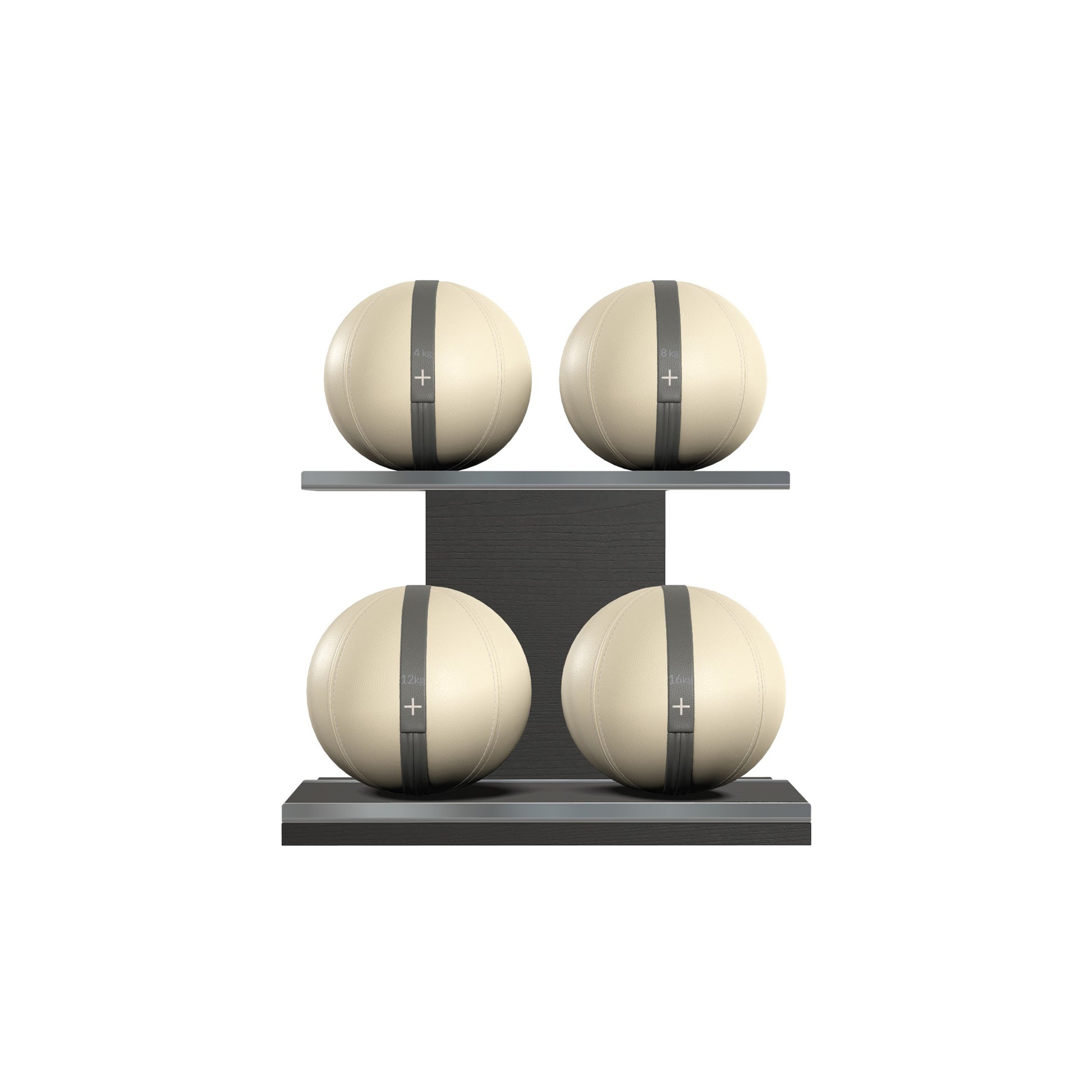 Four beige leather medicine balls with grey accent leather, arranged on two shelves made of black ash wood. PENT. MOXA Power - Set of 4 Medicine Balls on Horizontal Wooden Stand