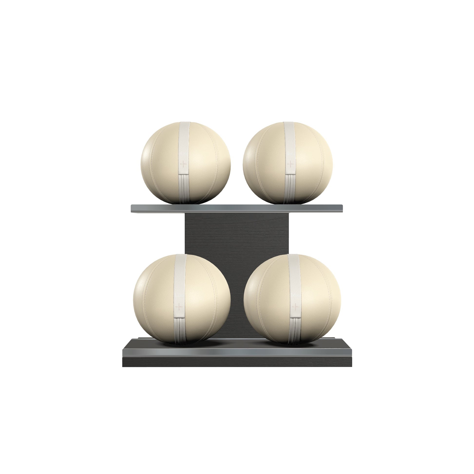 Four beige leather medicine balls with white accent leather, arranged on two shelves made of black ash wood. PENT. MOXA Power - Set of 4 Medicine Balls on Horizontal Wooden Stand