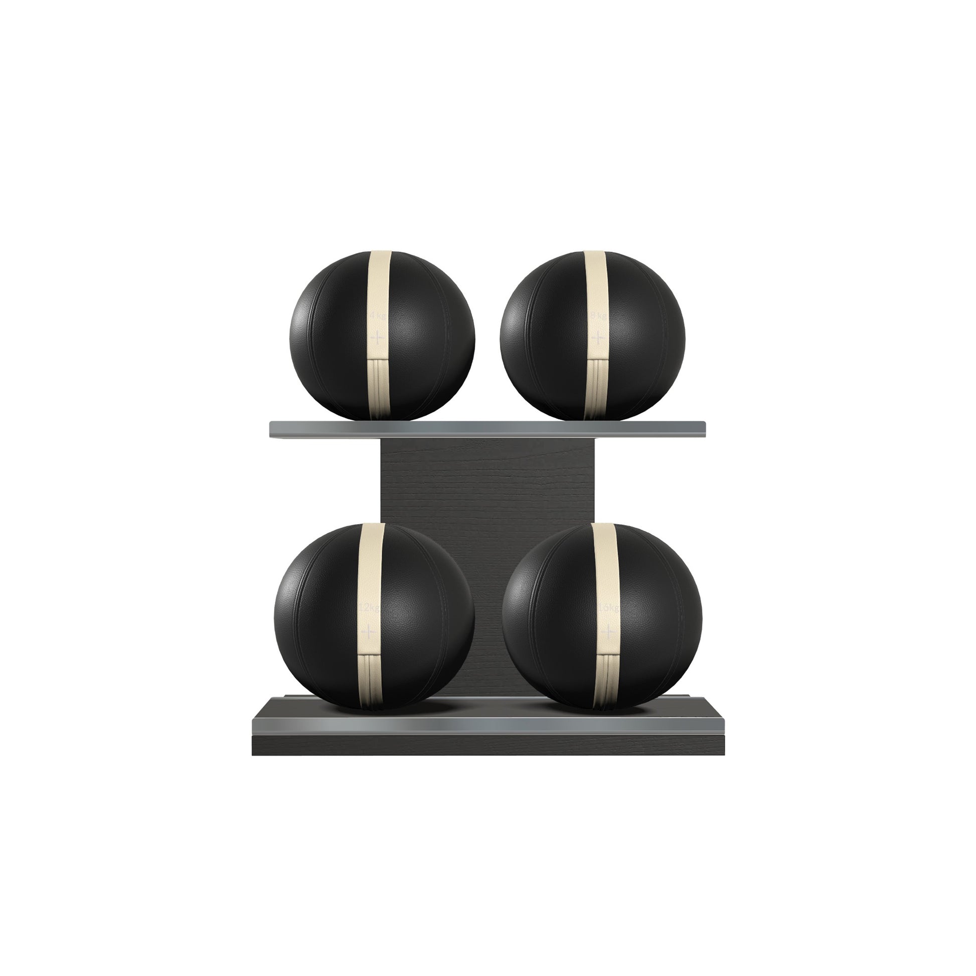 Four black leather medicine balls with beige accent leather, arranged on two shelves made of black ash wood. PENT. MOXA Power - Set of 4 Medicine Balls on Horizontal Wooden Stand