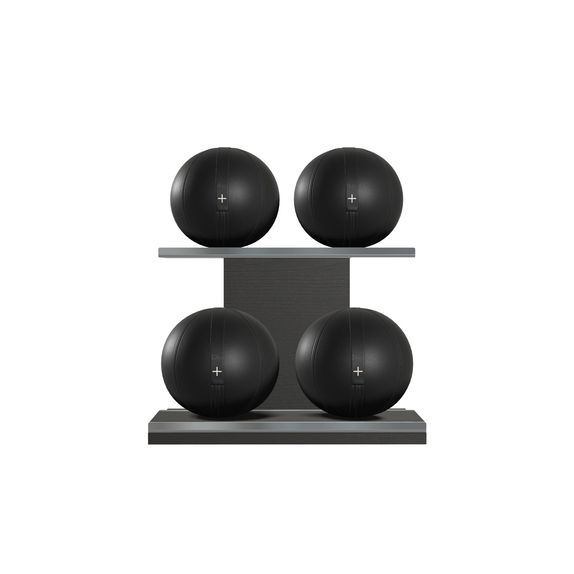 Four black leather medicine balls with black accent leather, arranged on two shelves made of black ash wood. PENT. MOXA Power - Set of 4 Medicine Balls on Horizontal Wooden Stand