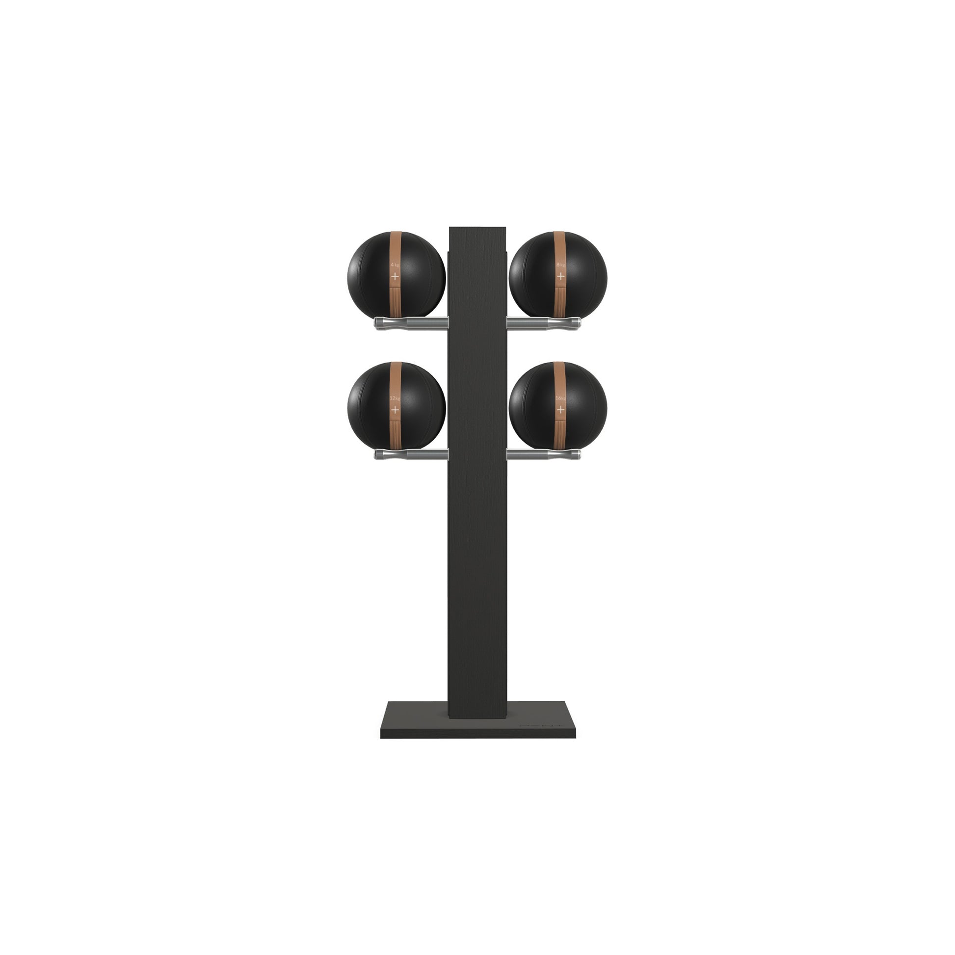 Luxury fitness equipment,  4 leather medicine ball on vertical wooden stand, handcrafted with premium Italian black leather and natural black ash wood. PENT. MOXA Set