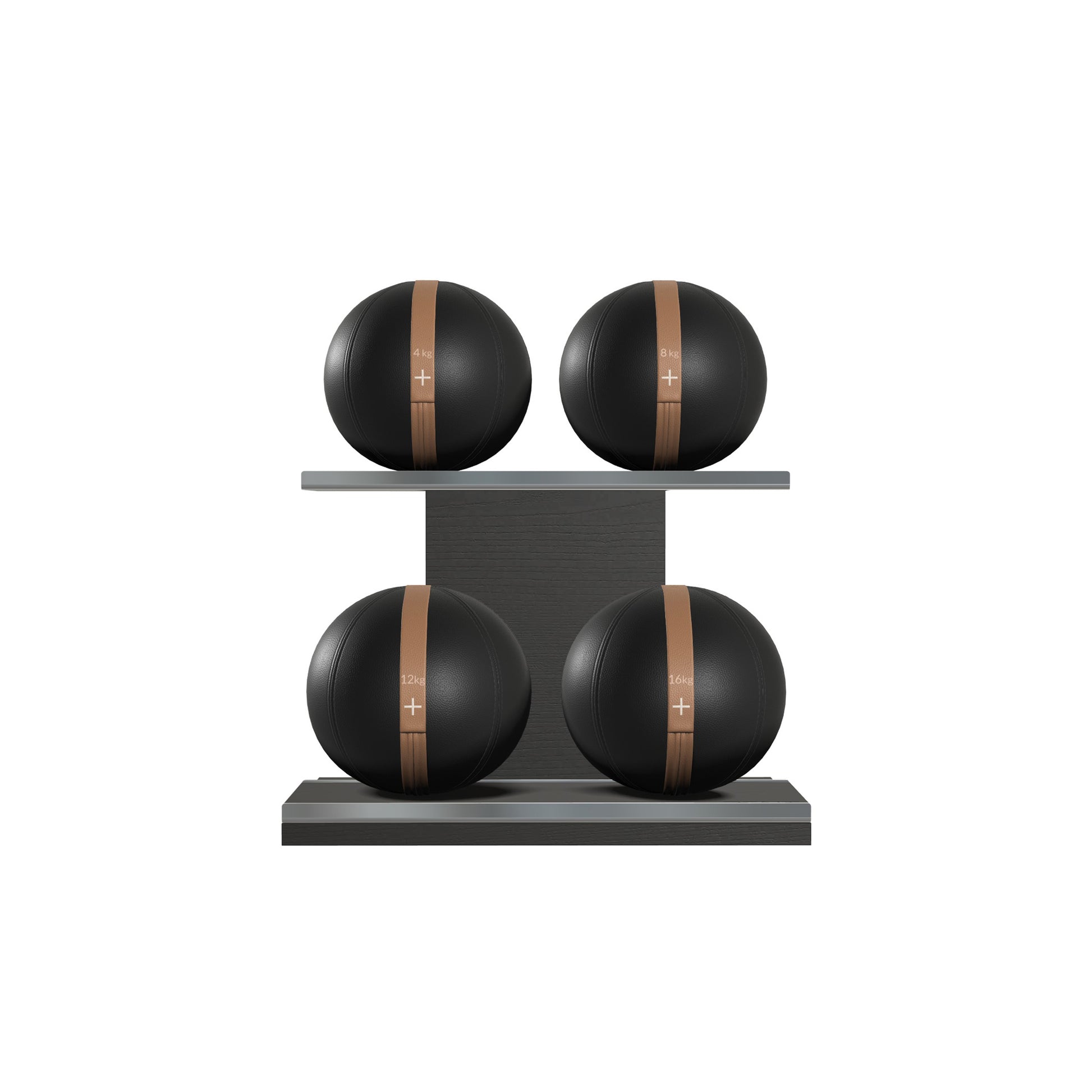 Four black leather medicine balls with brown accent leather, arranged on two shelves made of black ash wood. PENT. MOXA Power - Set of 4 Medicine Balls on Horizontal Wooden Stand