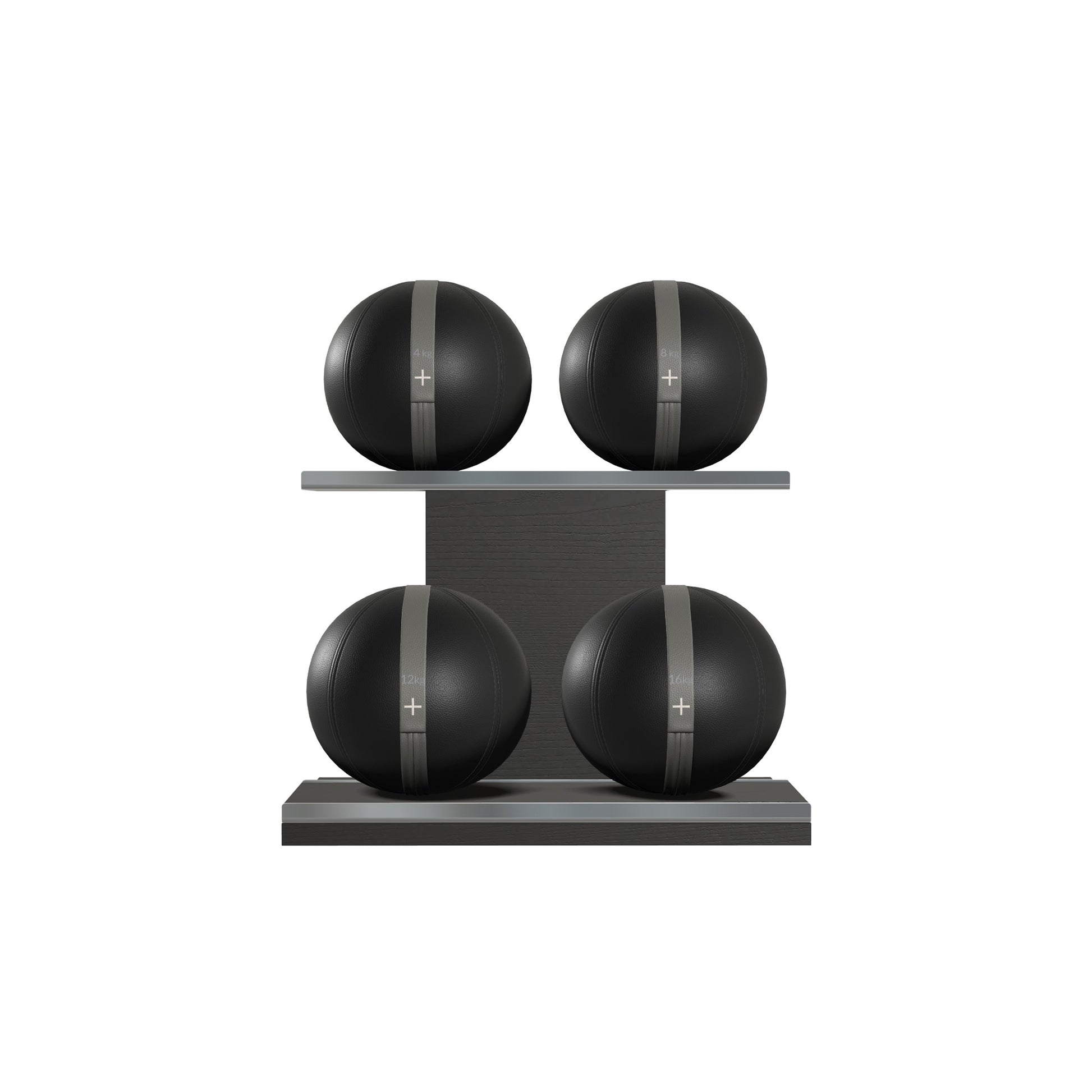 Four black leather medicine balls with grey accent leather, arranged on two shelves made of black ash wood. PENT. MOXA Power - Set of 4 Medicine Balls on Horizontal Wooden Stand