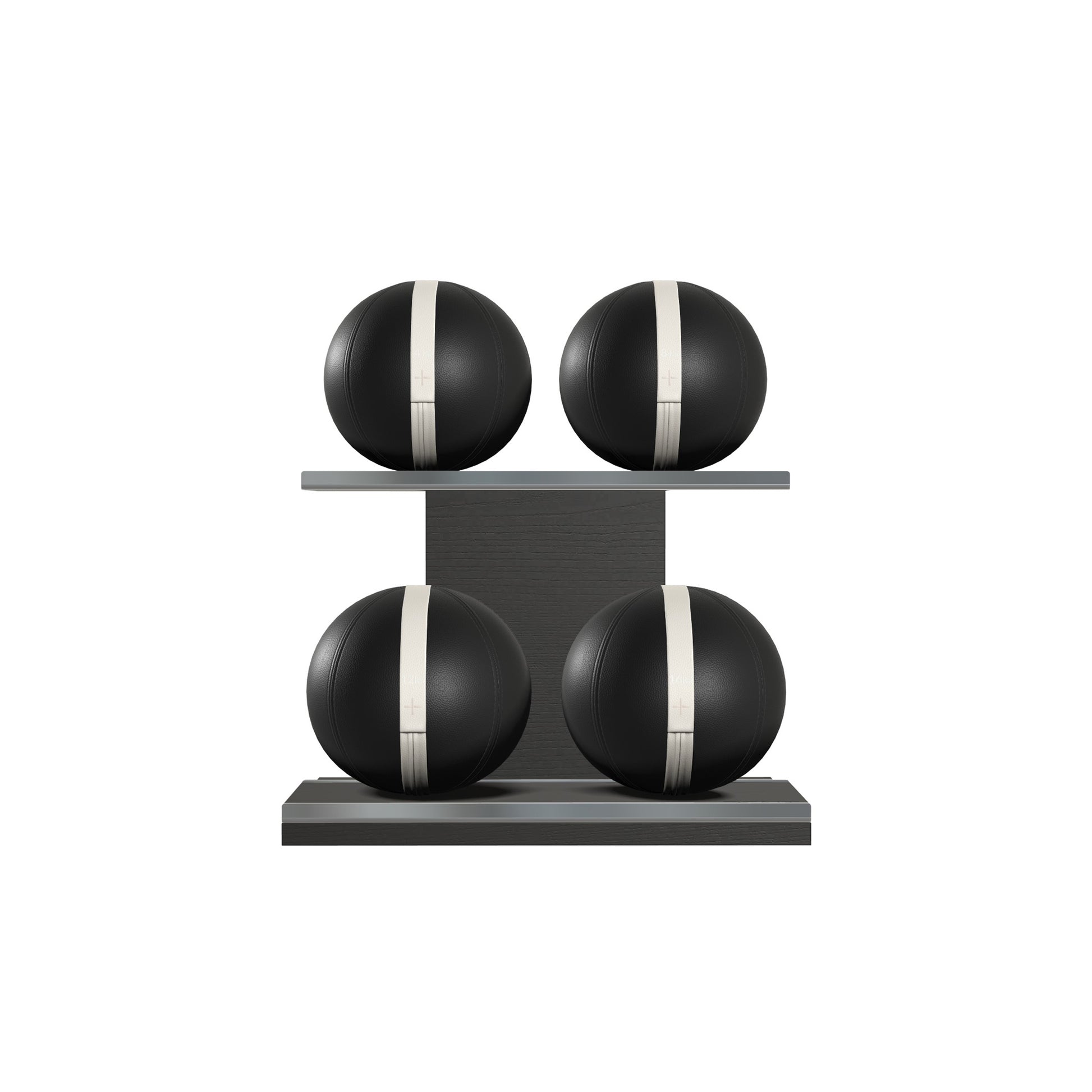 Four black leather medicine balls with white accent leather, arranged on two shelves made of black ash wood. PENT. MOXA Power - Set of 4 Medicine Balls on Horizontal Wooden Stand