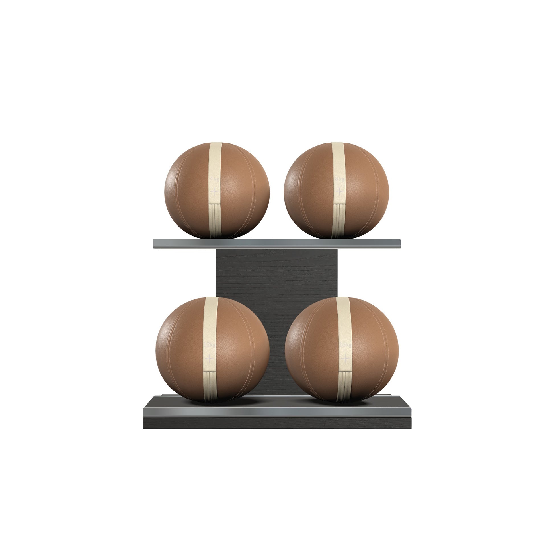 Four brown leather medicine balls with beige accent leather, arranged on two shelves made of black ash wood. PENT. MOXA Power - Set of 4 Medicine Balls on Horizontal Wooden Stand