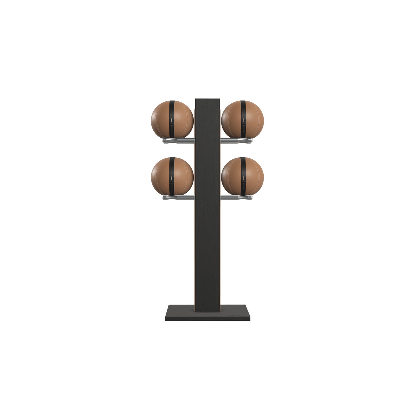 Luxury fitness equipment,  4 leather medicine ball on vertical wooden stand, handcrafted with premium Italian brown leather and natural black ash wood. PENT. MOXA Set