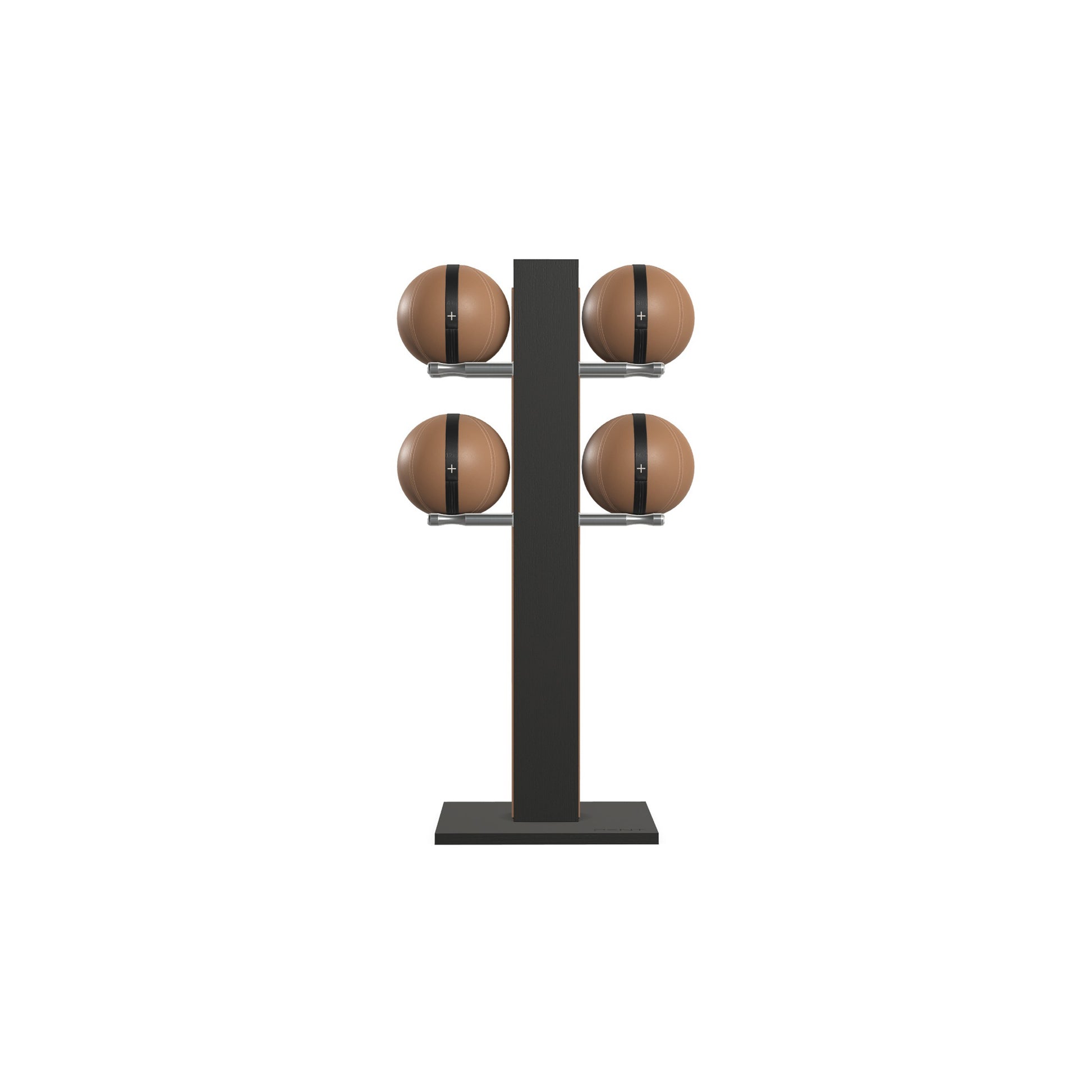 Luxury fitness equipment,  4 leather medicine ball on vertical wooden stand, handcrafted with premium Italian brown leather and natural black ash wood. PENT. MOXA Set