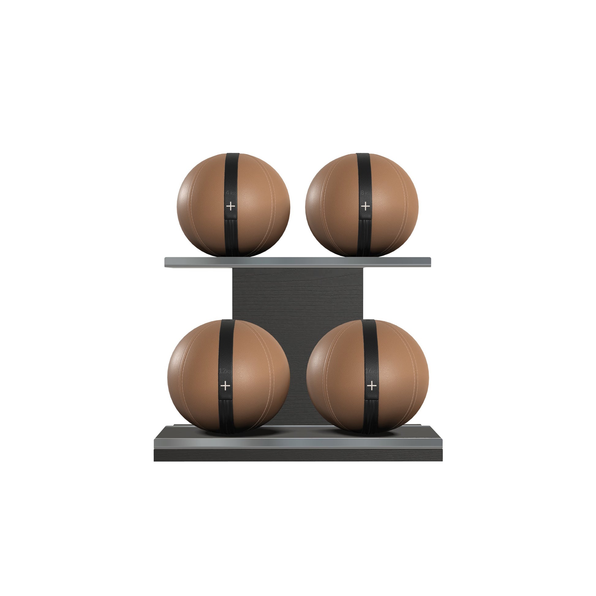 Four brown leather medicine balls with black accent leather, arranged on two shelves made of black ash wood. PENT. MOXA Power - Set of 4 Medicine Balls on Horizontal Wooden Stand