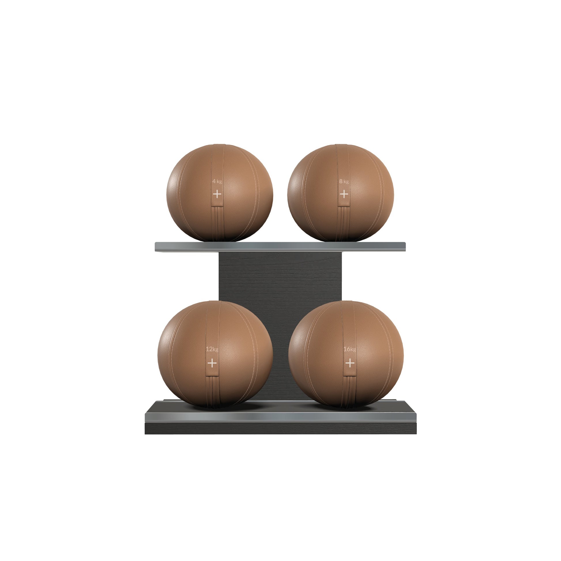 Four brown leather medicine balls with brown accent leather, arranged on two shelves made of black ash wood. PENT. MOXA Power - Set of 4 Medicine Balls on Horizontal Wooden Stand