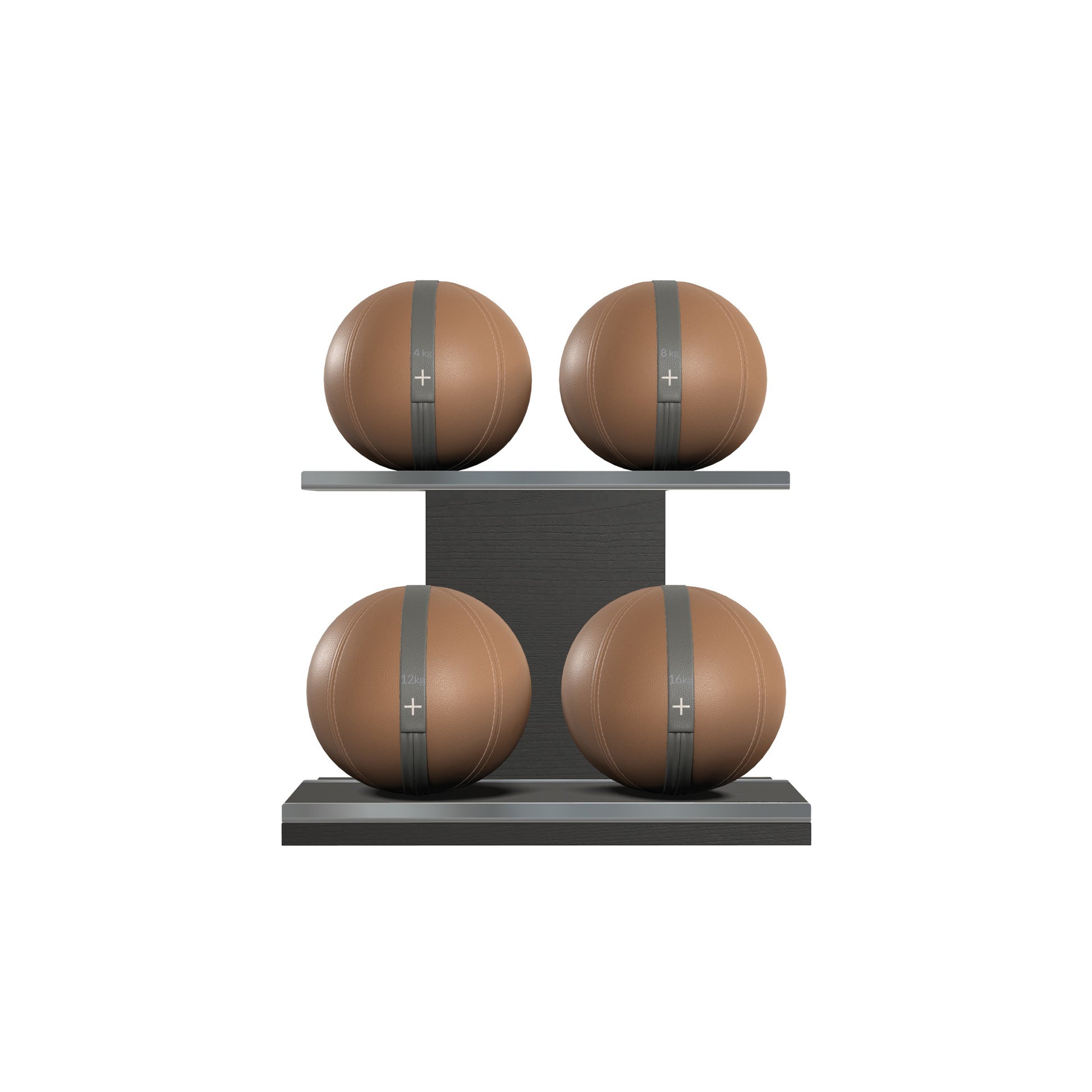 Four brown leather medicine balls with grey accent leather, arranged on two shelves made of black ash wood. PENT. MOXA Power - Set of 4 Medicine Balls on Horizontal Wooden Stand