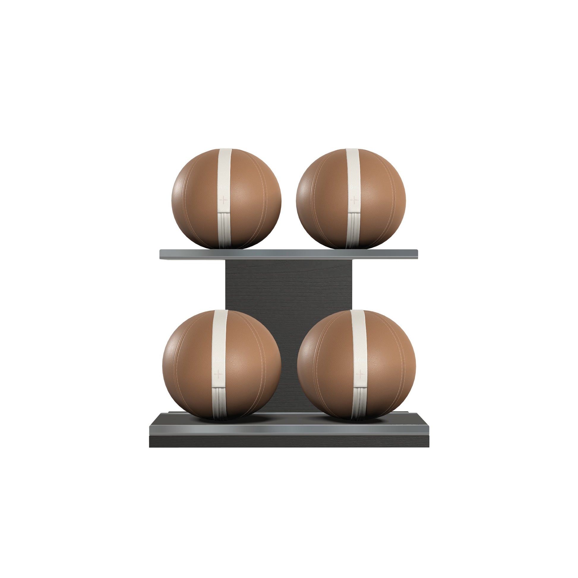 Four brown leather medicine balls with white accent leather, arranged on two shelves made of black ash wood. PENT. MOXA Power - Set of 4 Medicine Balls on Horizontal Wooden Stand