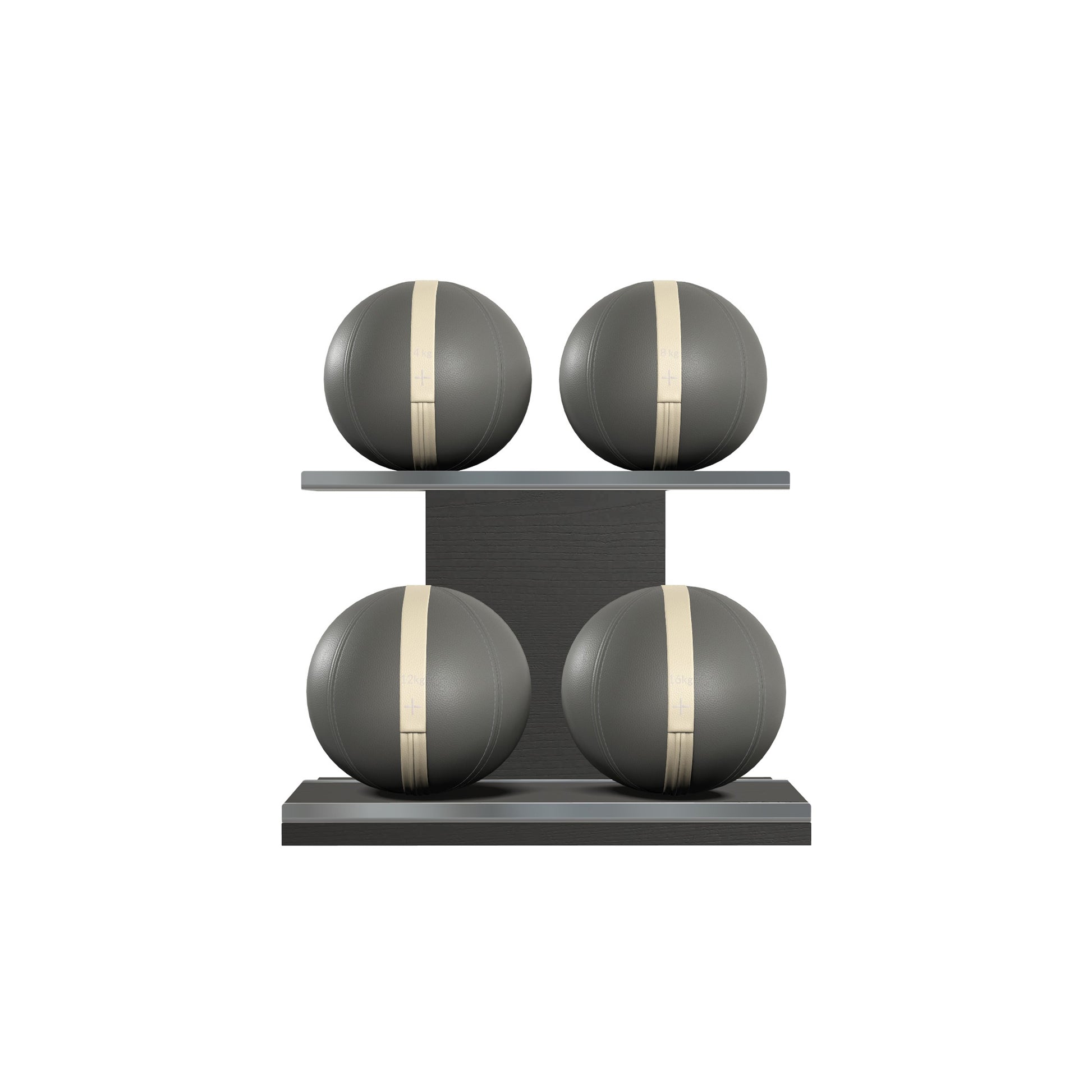 Four black leather medicine balls with beige accent leather, arranged on two shelves made of black ash wood. PENT. MOXA Power - Set of 4 Medicine Balls on Horizontal Wooden Stand