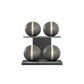 Four black leather medicine balls with beige accent leather, arranged on two shelves made of black ash wood. PENT. MOXA Power - Set of 4 Medicine Balls on Horizontal Wooden Stand