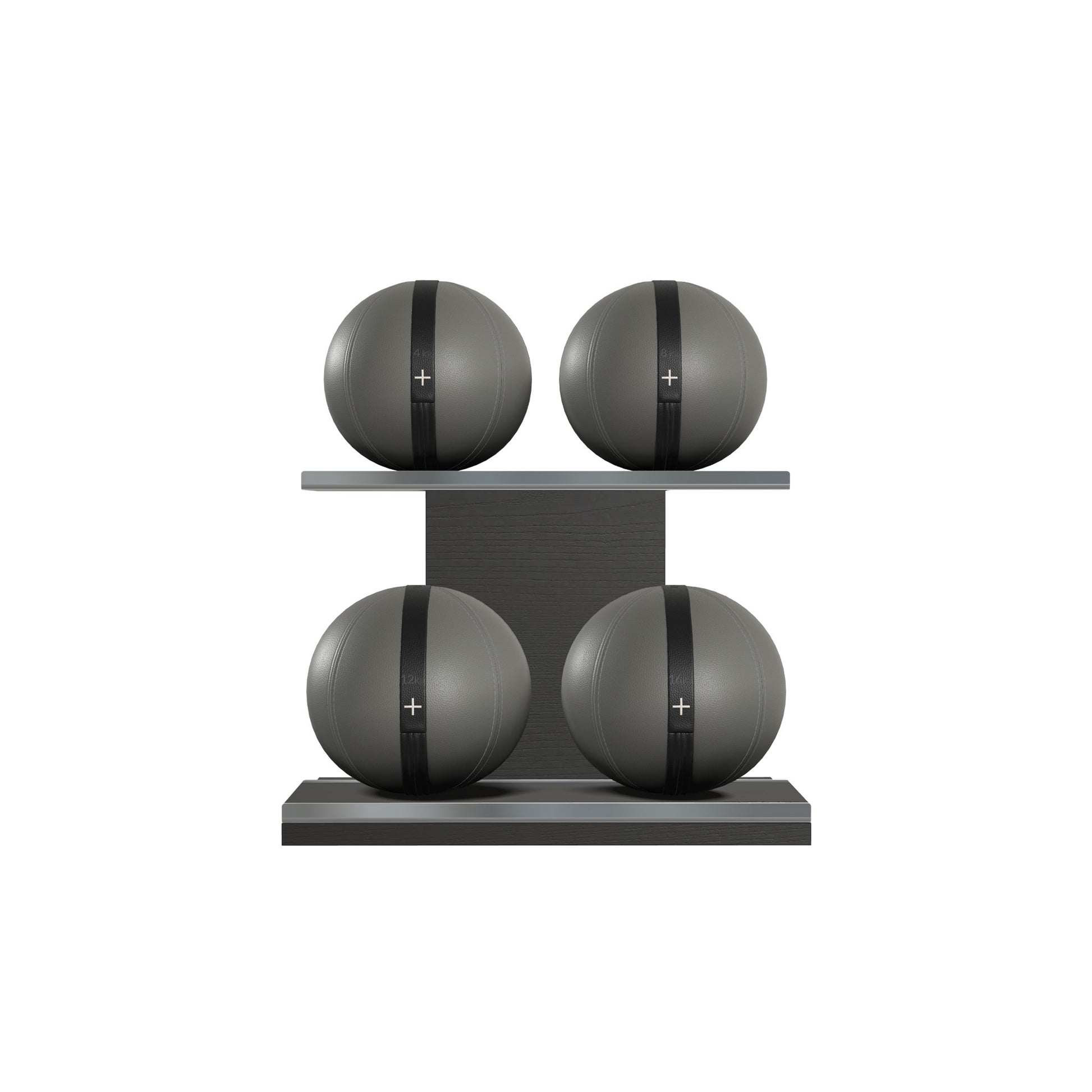 Four black leather medicine balls with black accent leather, arranged on two shelves made of black ash wood. PENT. MOXA Power - Set of 4 Medicine Balls on Horizontal Wooden Stand