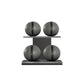 Four black leather medicine balls with black accent leather, arranged on two shelves made of black ash wood. PENT. MOXA Power - Set of 4 Medicine Balls on Horizontal Wooden Stand