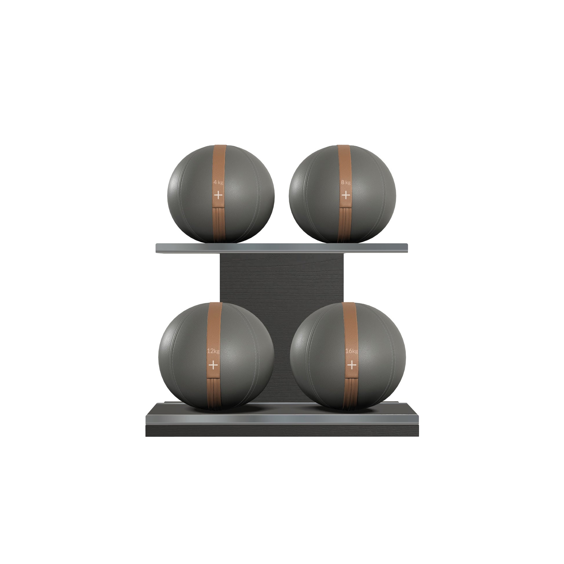 Four black leather medicine balls with brown accent leather, arranged on two shelves made of black ash wood. PENT. MOXA Power - Set of 4 Medicine Balls on Horizontal Wooden Stand