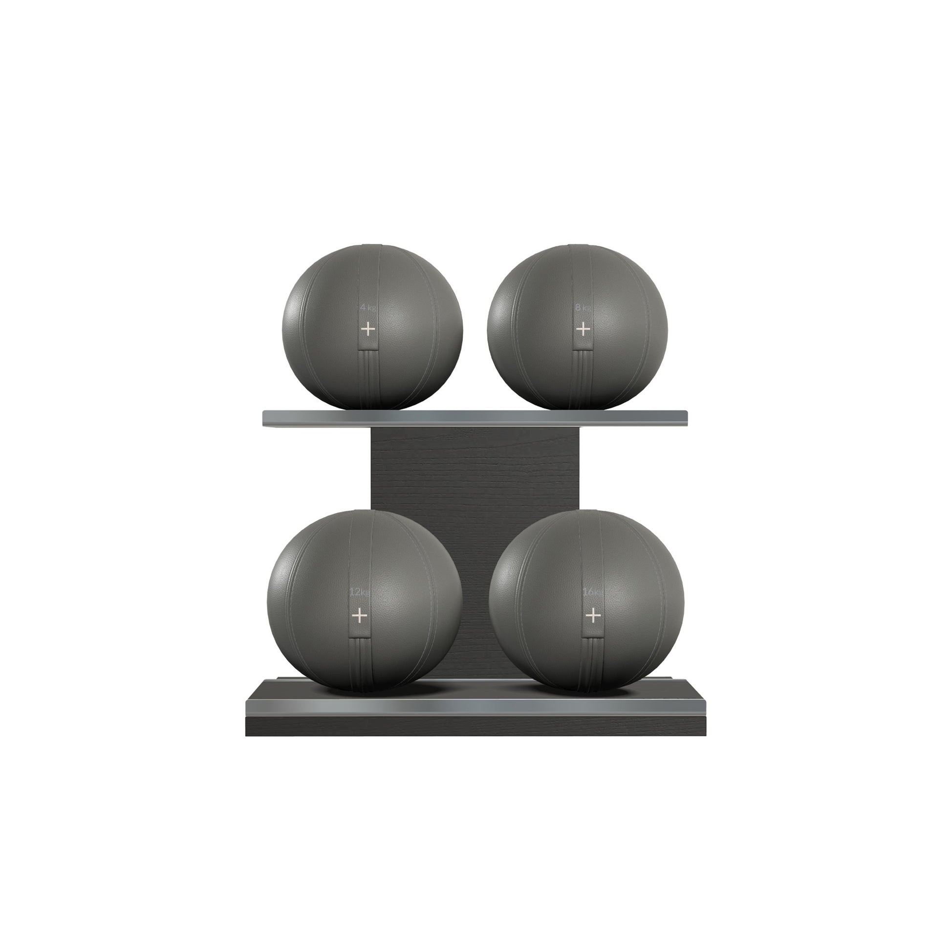 Four black leather medicine balls with grey accent leather, arranged on two shelves made of black ash wood. PENT. MOXA Power - Set of 4 Medicine Balls on Horizontal Wooden Stand