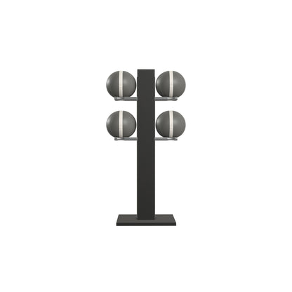 Luxury fitness equipment,  4 leather medicine ball on vertical wooden stand, handcrafted with premium Italian grey leather and natural black ash wood. PENT. MOXA Set