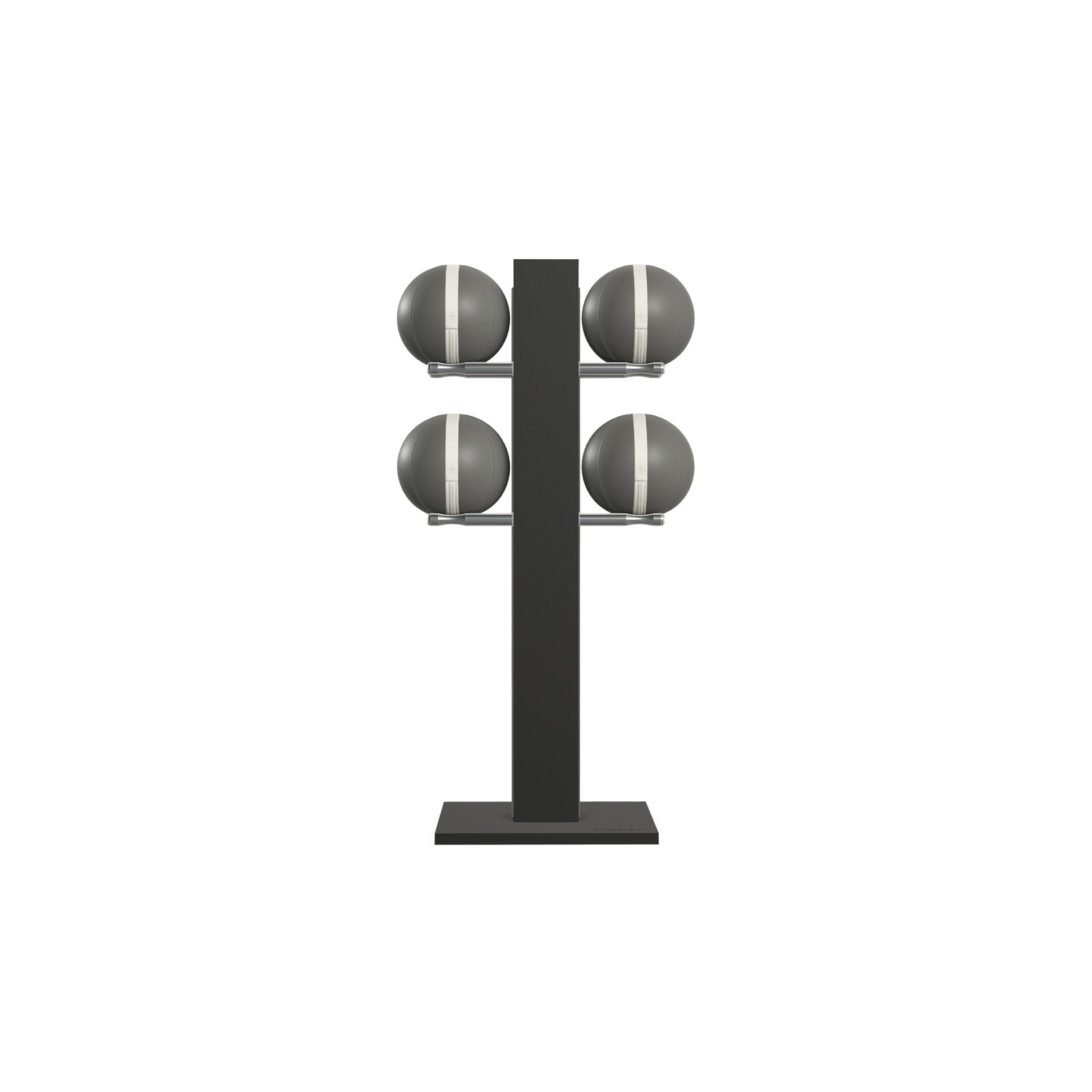 Luxury fitness equipment,  4 leather medicine ball on vertical wooden stand, handcrafted with premium Italian grey leather and natural black ash wood. PENT. MOXA Set