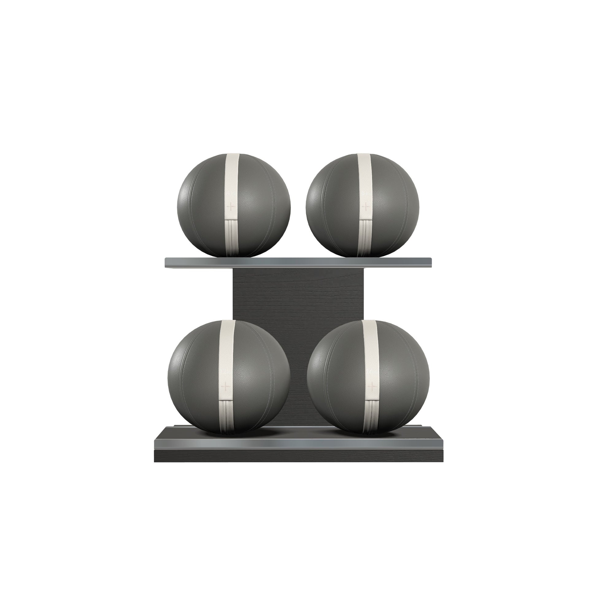 Four grey leather medicine balls with white accent leather, arranged on two shelves made of black ash wood. PENT. MOXA Power - Set of 4 Medicine Balls on Horizontal Wooden Stand