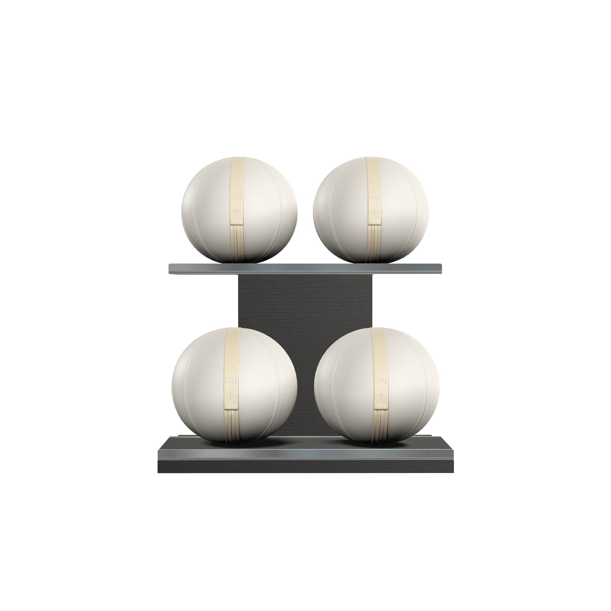 Four white leather medicine balls with beige accent leather, arranged on two shelves made of black ash wood. PENT. MOXA Power - Set of 4 Medicine Balls on Horizontal Wooden Stand