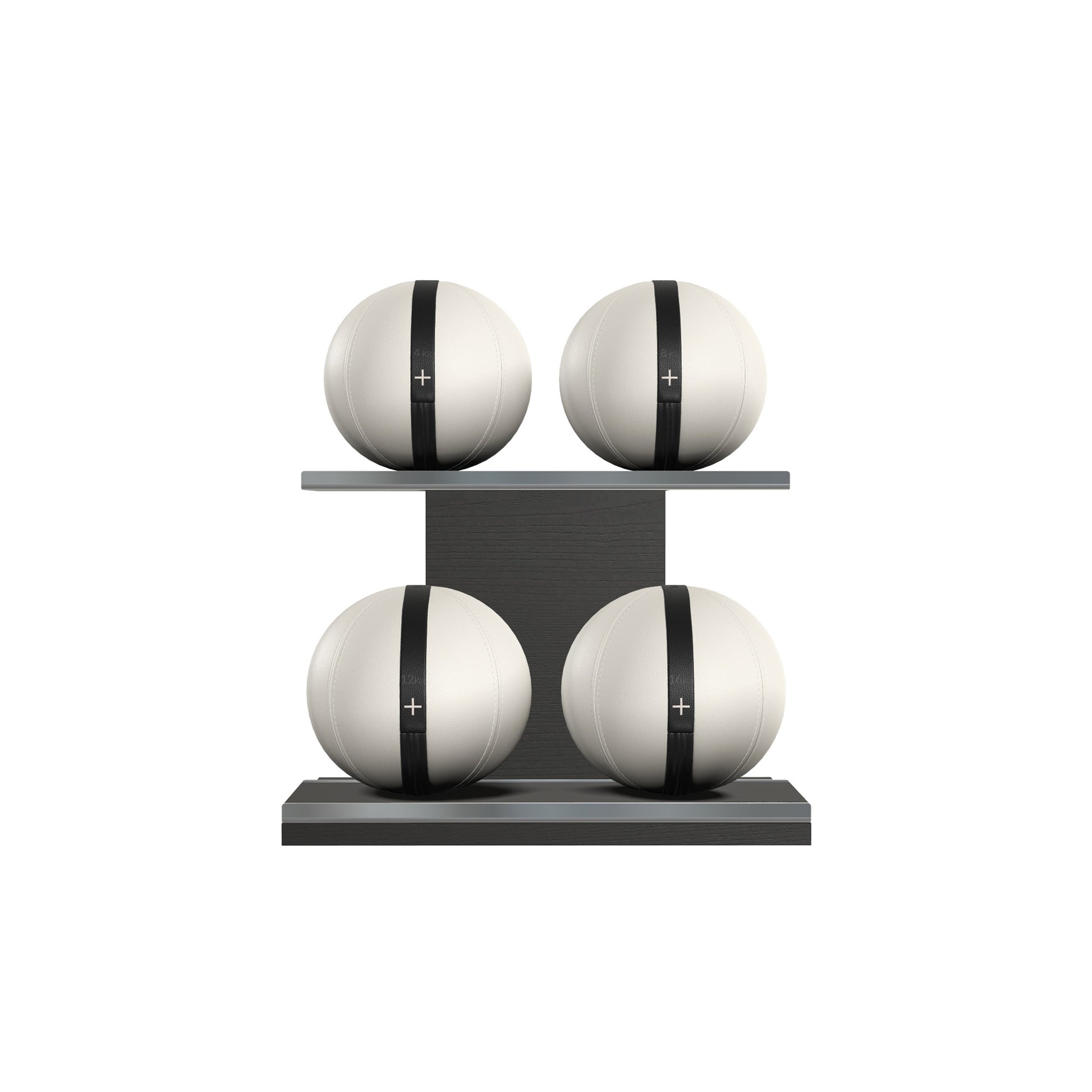 Four white leather medicine balls with black accent leather, arranged on two shelves made of black ash wood. PENT. MOXA Power - Set of 4 Medicine Balls on Horizontal Wooden Stand