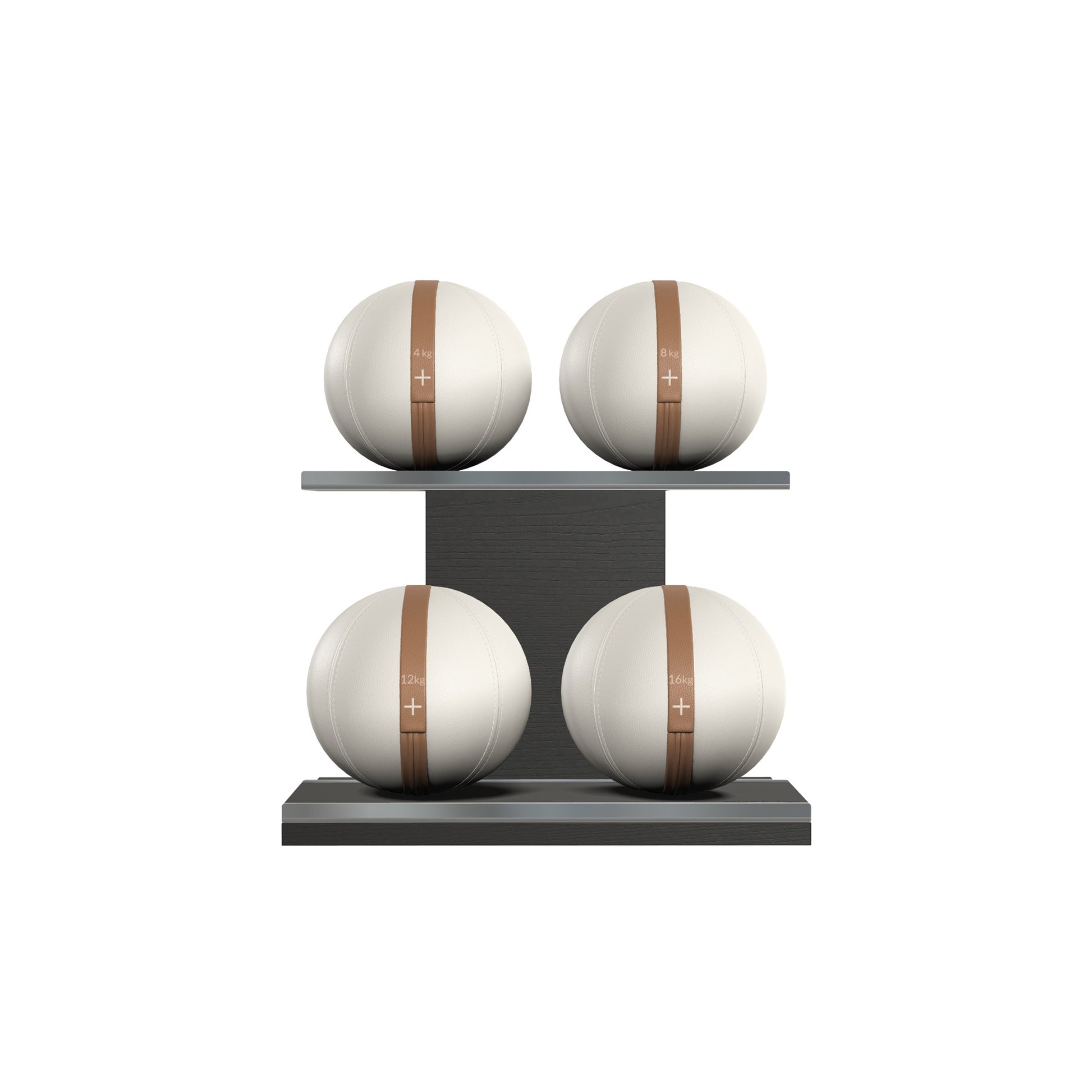 Four white leather medicine balls with brown accent leather, arranged on two shelves made of black ash wood. PENT. MOXA Power - Set of 4 Medicine Balls on Horizontal Wooden Stand