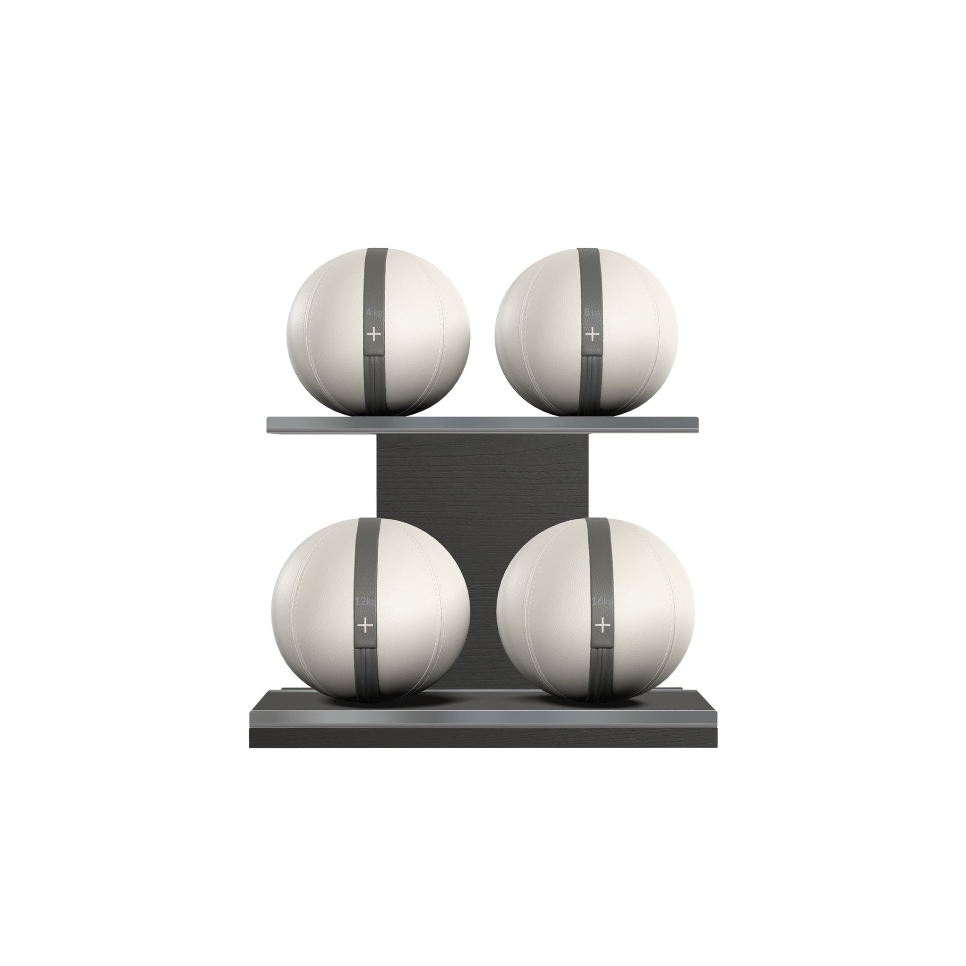 Four white leather medicine balls with grey accent leather, arranged on two shelves made of black ash wood. PENT. MOXA Power - Set of 4 Medicine Balls on Horizontal Wooden Stand