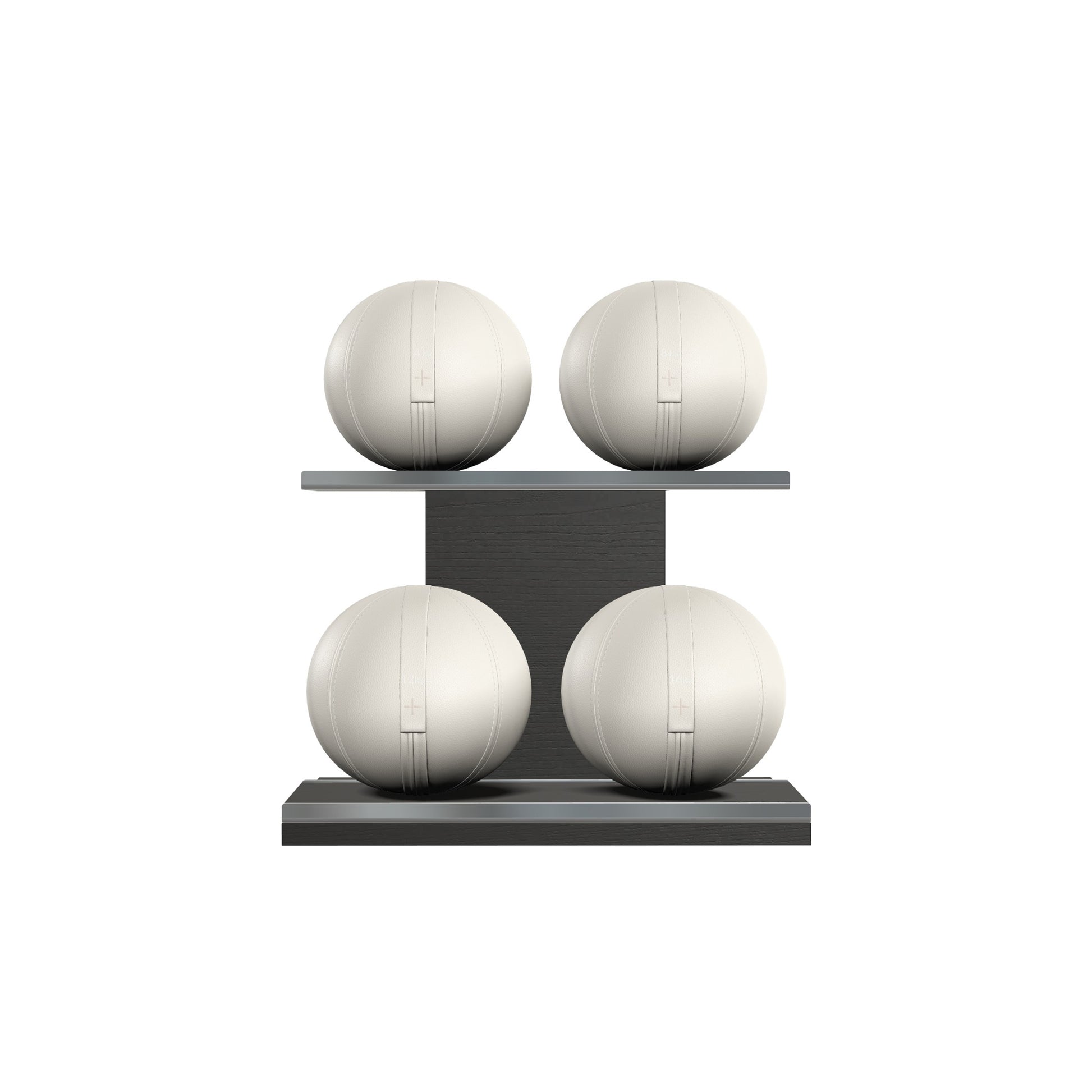 Four white leather medicine balls with white accent leather, arranged on two shelves made of black ash wood. PENT. MOXA Power - Set of 4 Medicine Balls on Horizontal Wooden Stand