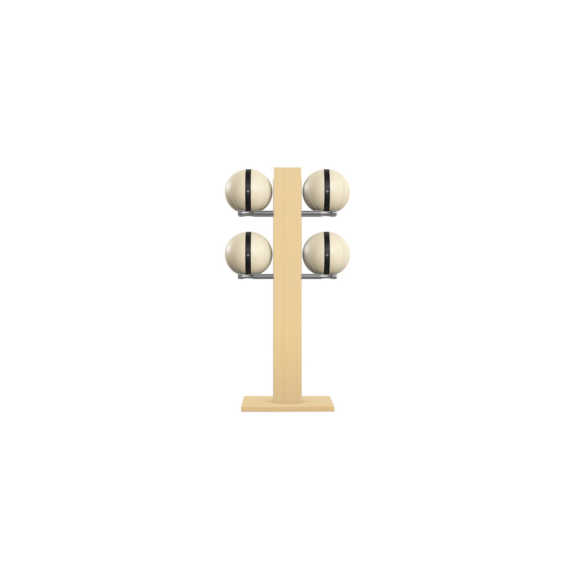 Luxury fitness equipment,  4 leather medicine ball on vertical wooden stand, handcrafted with premium Italian beige leather and natural ash wood. PENT. MOXA Set
