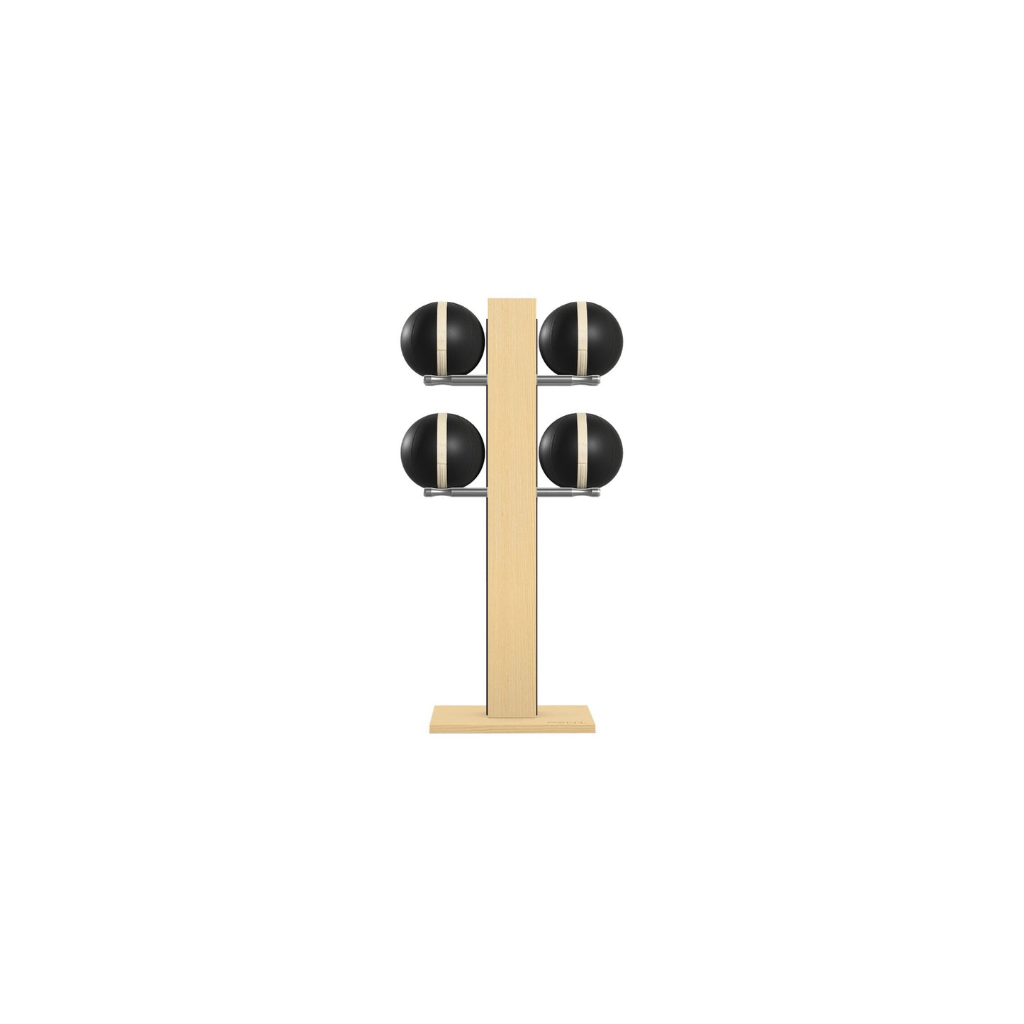 Luxury fitness equipment,  4 leather medicine ball on vertical wooden stand, handcrafted with premium Italian black leather and natural ash wood. PENT. MOXA Set