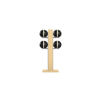 Luxury fitness equipment,  4 leather medicine ball on vertical wooden stand, handcrafted with premium Italian black leather and natural ash wood. PENT. MOXA Set