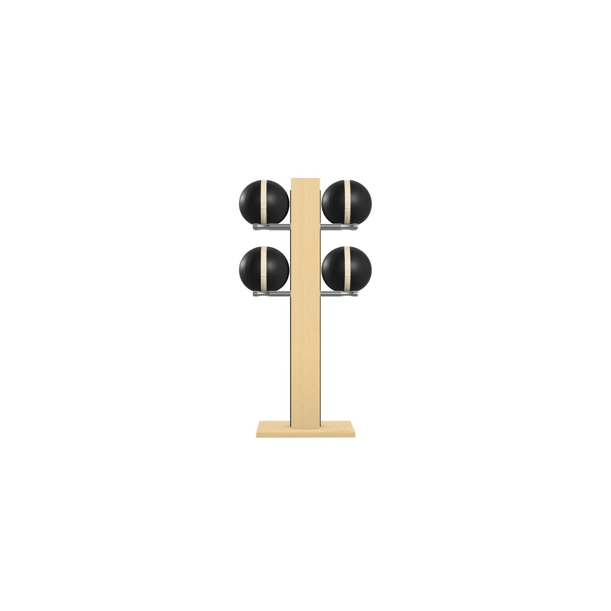 Luxury fitness equipment,  4 leather medicine ball on vertical wooden stand, handcrafted with premium Italian black leather and natural ash wood. PENT. MOXA Set