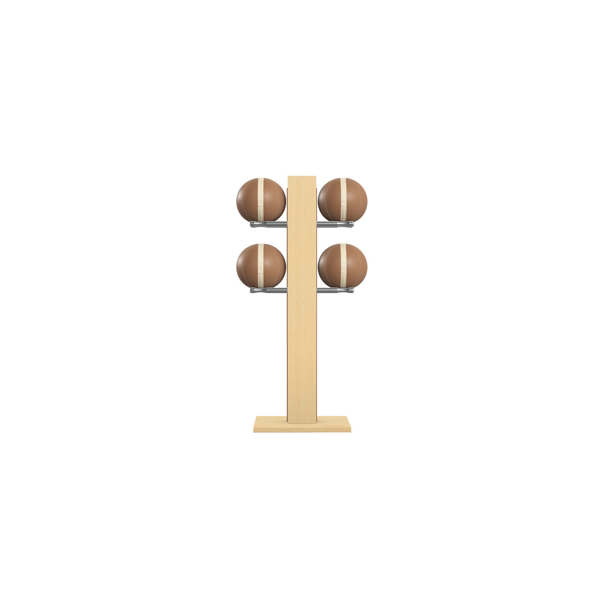 Luxury fitness equipment,  4 leather medicine ball on vertical wooden stand, handcrafted with premium Italian brown leather and natural ash wood. PENT. MOXA Set